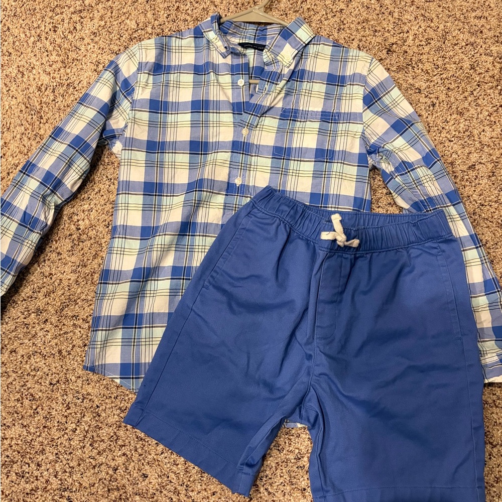 Janie and Jack Blue and White Plaid Button-Down Shirt with Royal Blue Shorts